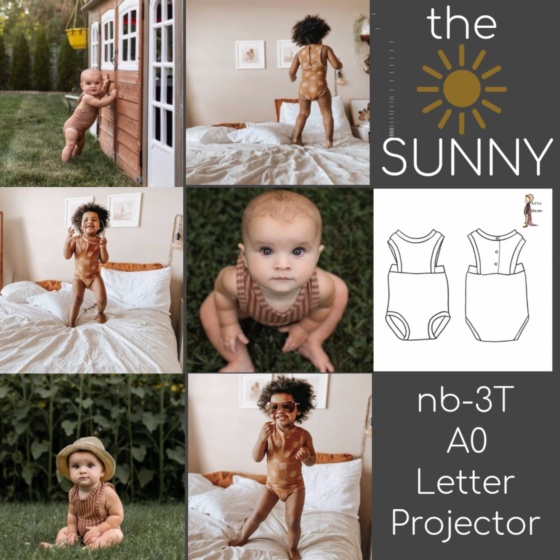 Collage of babies in rompers and a clothing pattern.