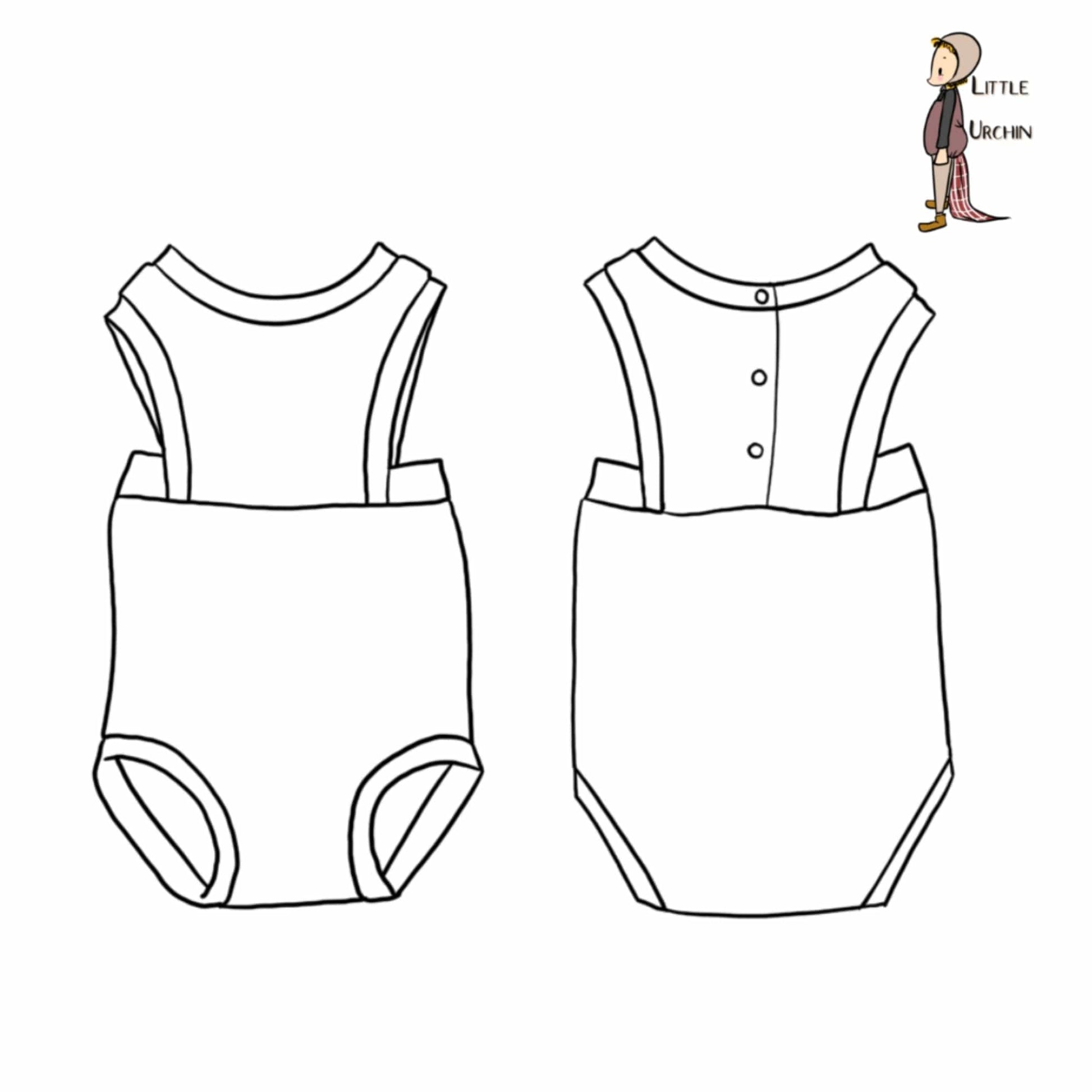 Line drawing of a baby bodysuit, front and back views.