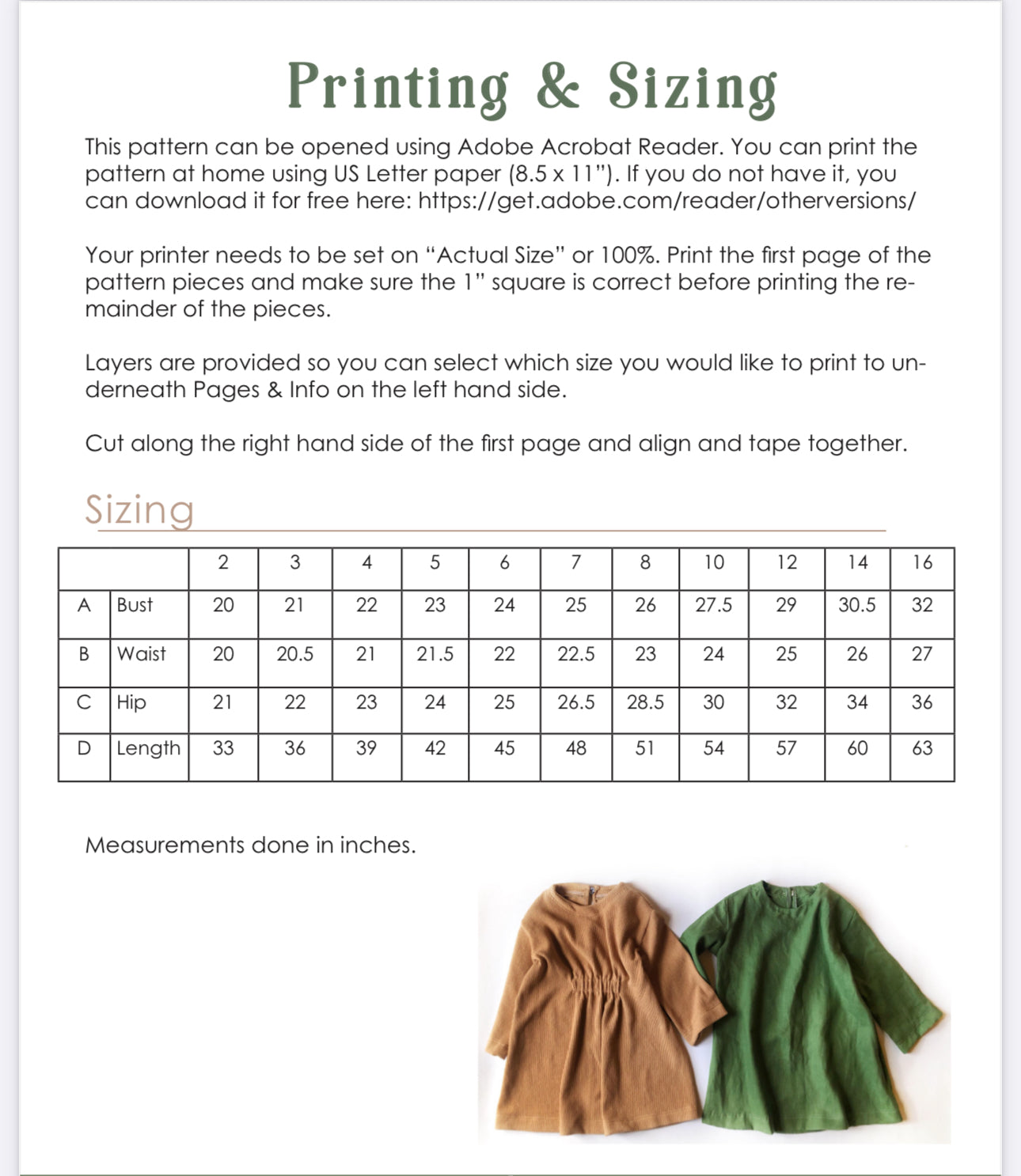 Pattern sizing chart and instructions (8B8F8204)