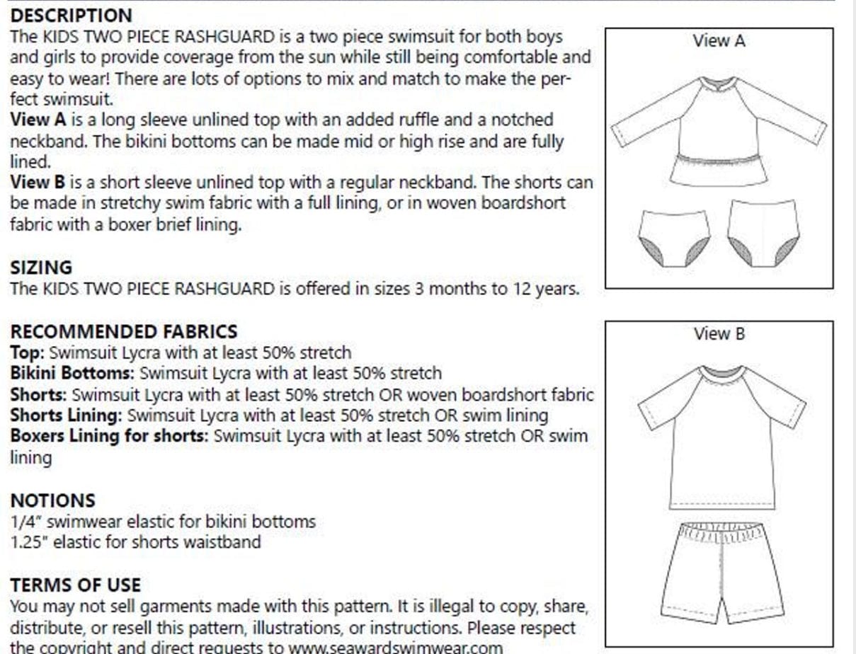 Kids Two Piece Rashguard pattern with views A and B