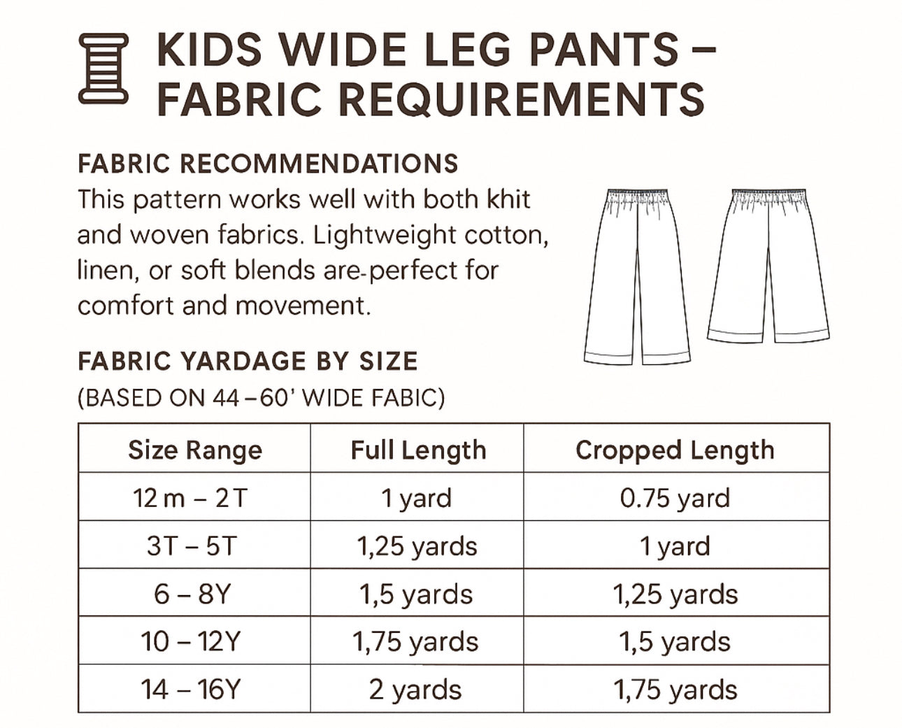 Children and Youth Poppy Wide Leg Pants Sewing Pattern