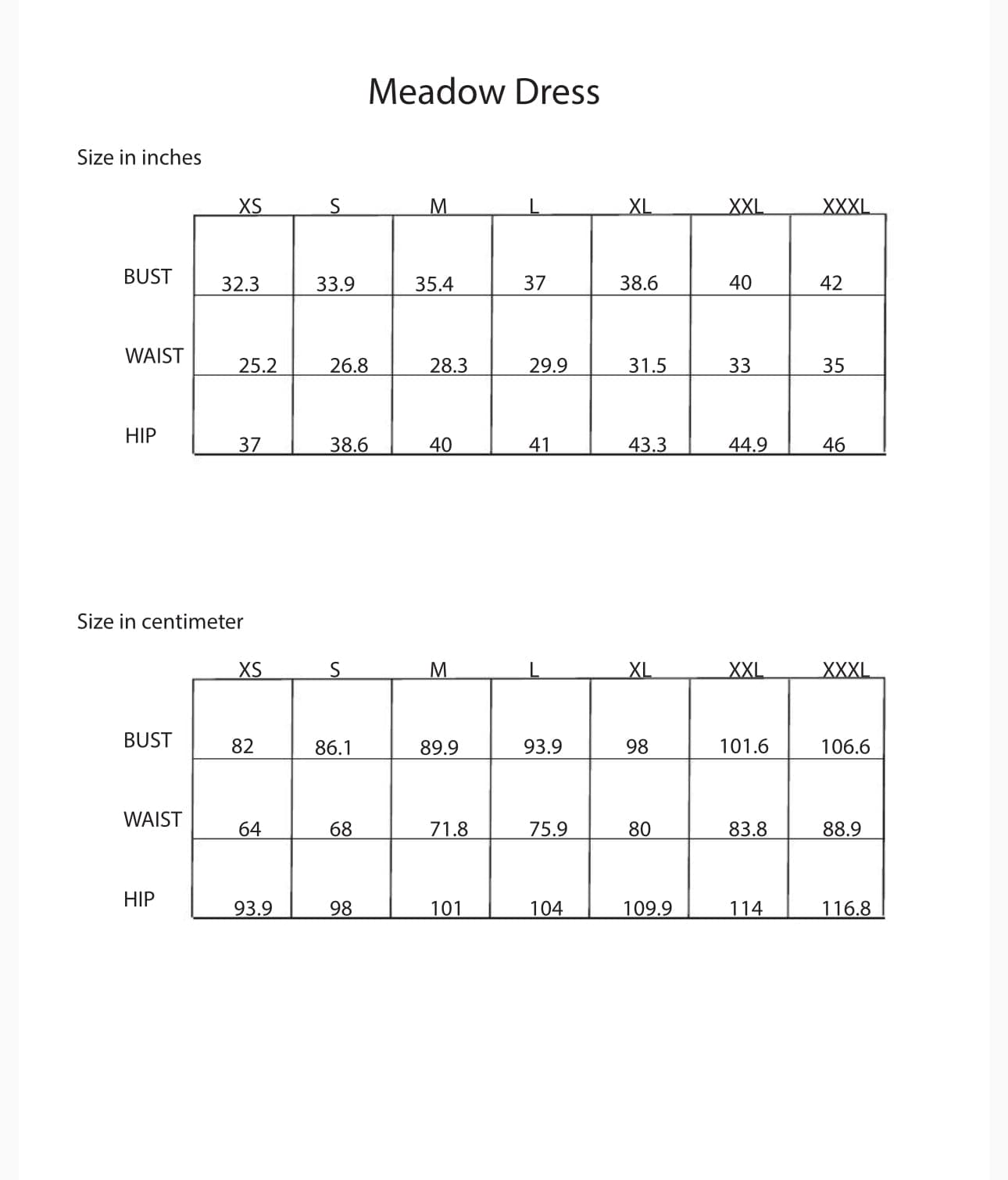 Meadow Dress size chart in inches and centimeters.