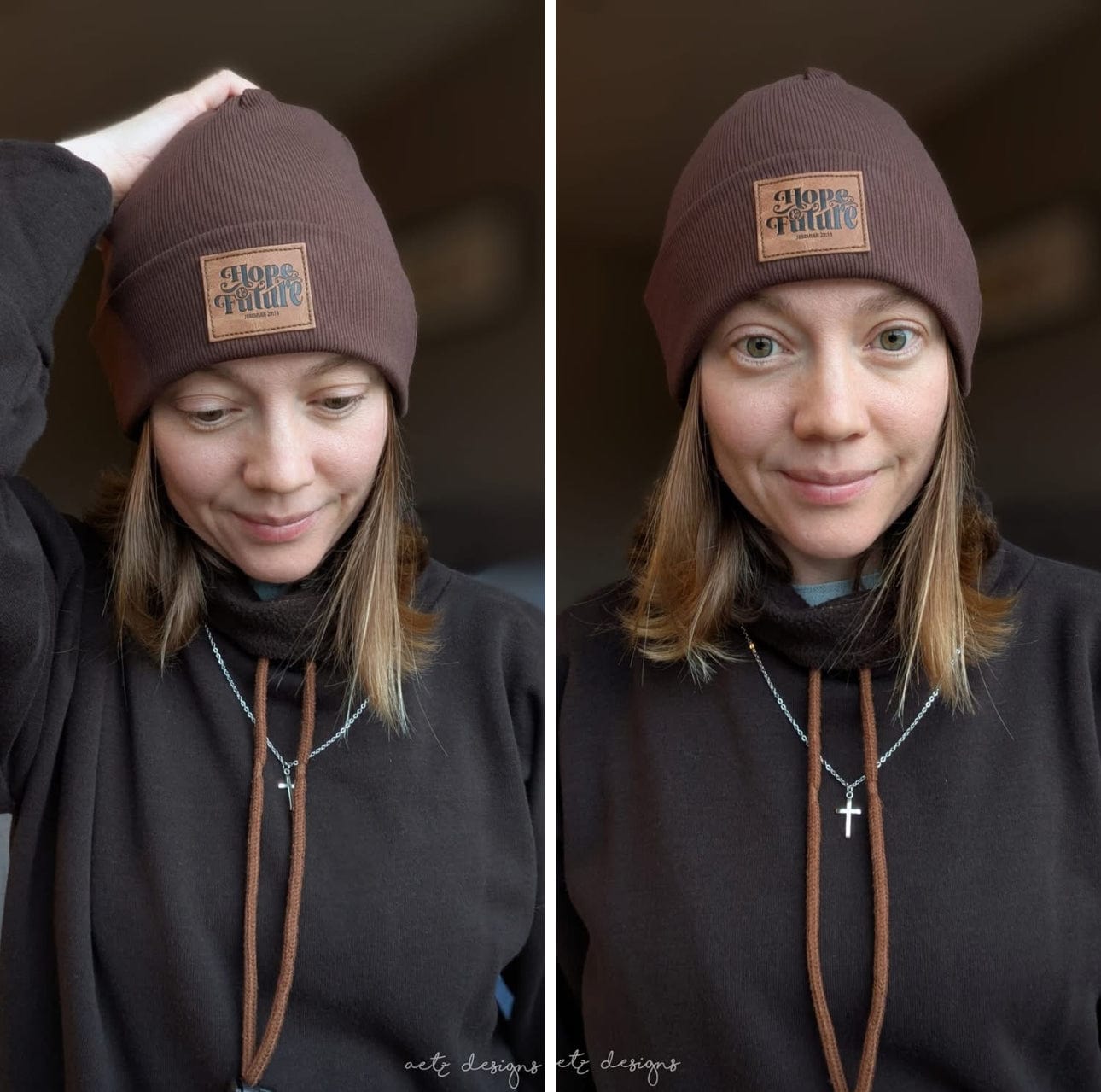 Woman wearing brown beanie with More Faith patch