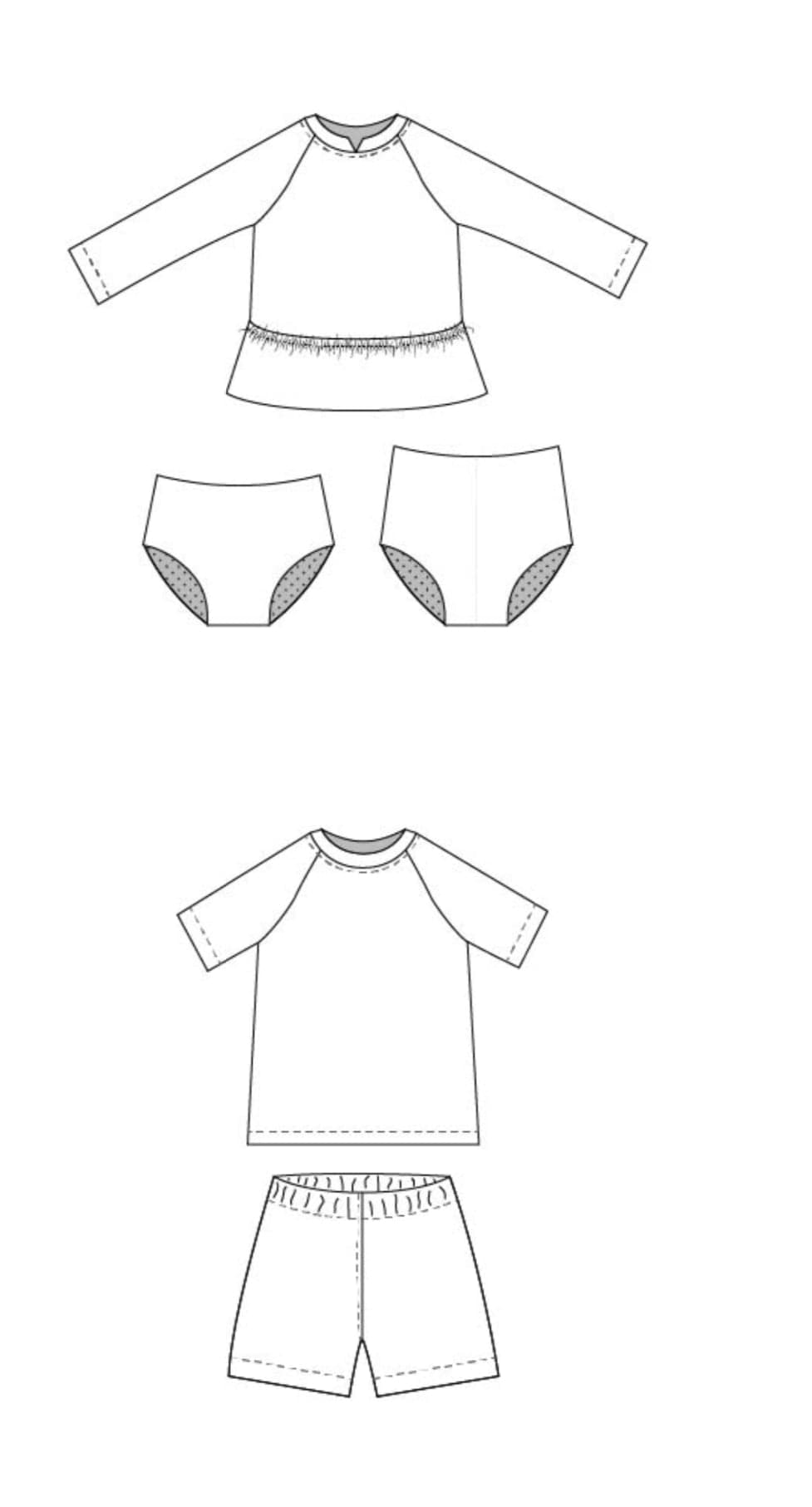 Swimsuit and pajamas clothing sketches