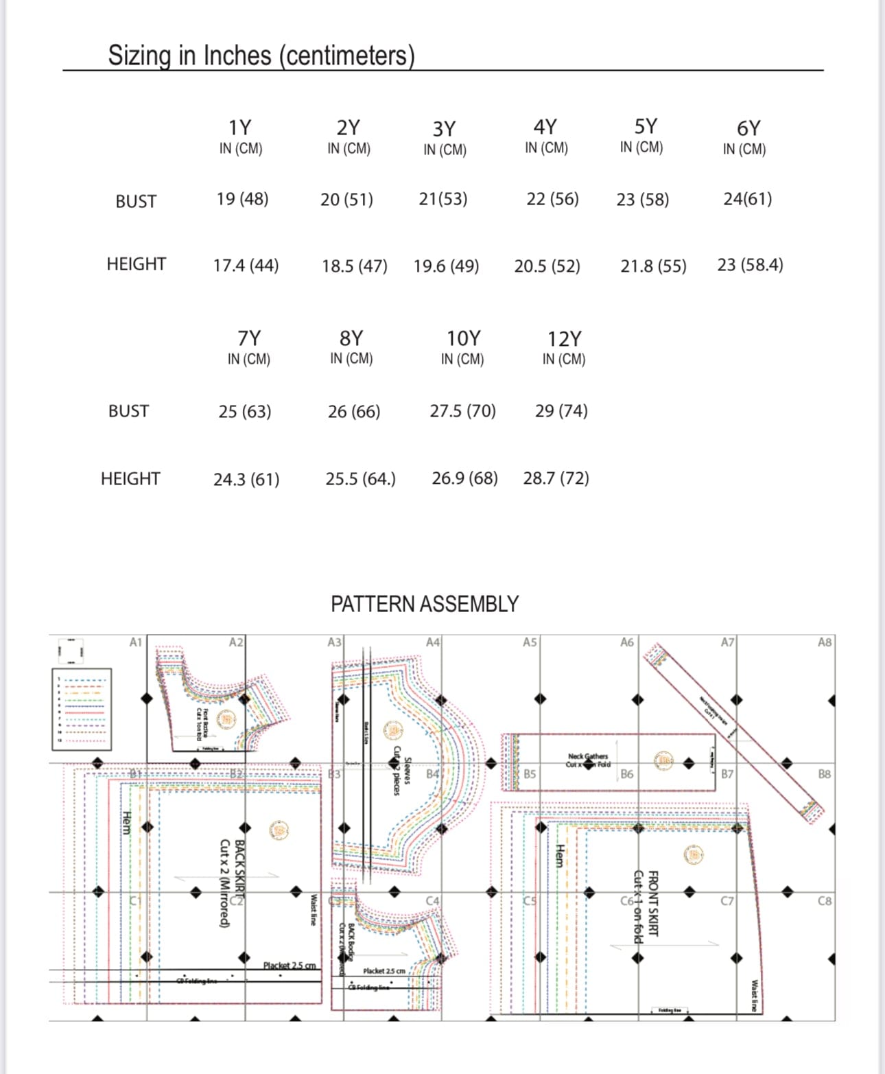 Children's clothing size chart and pattern assembly diagram.