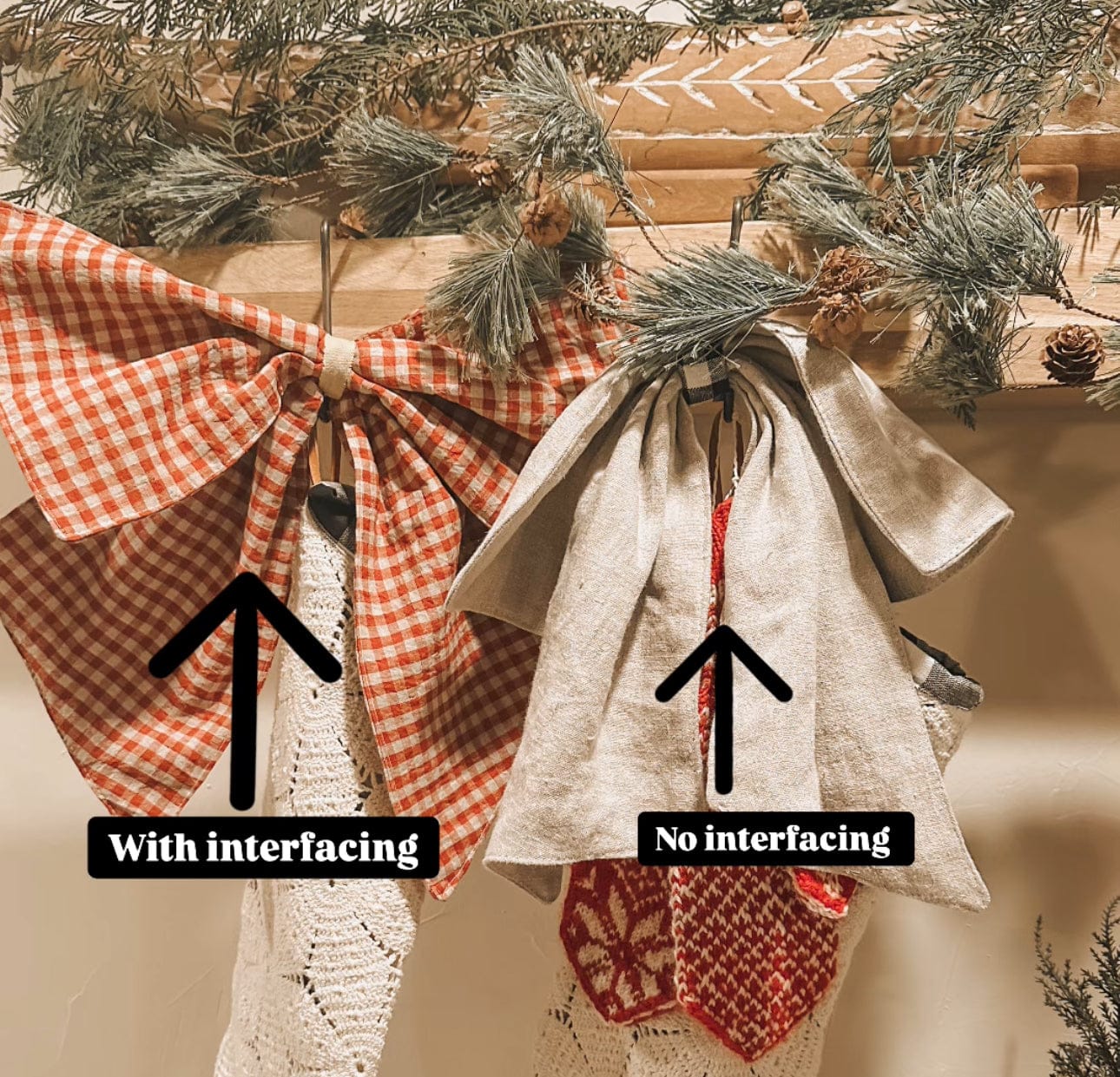 Christmas bows with and without interfacing.