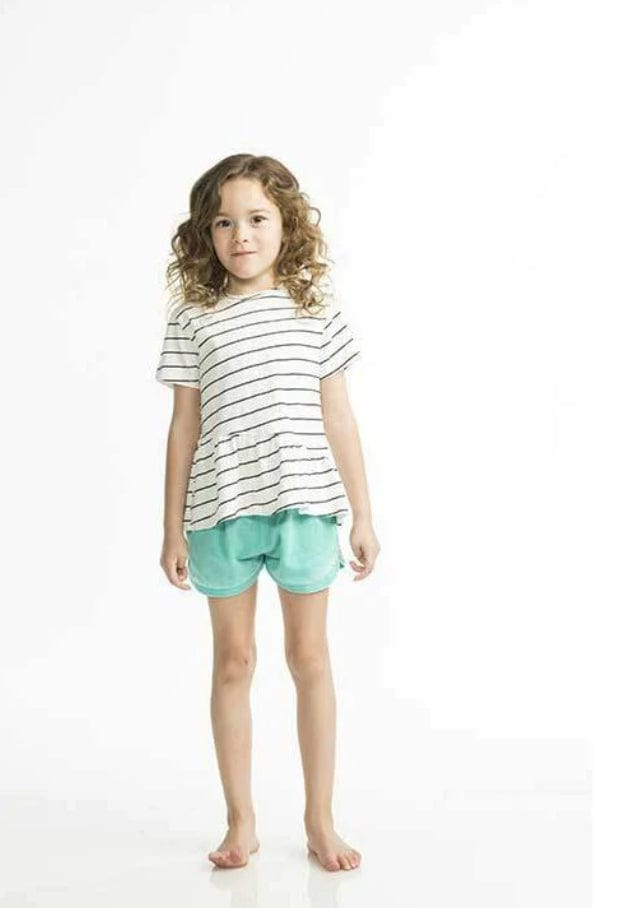 Girl in striped top and teal shorts, FullSizeRender