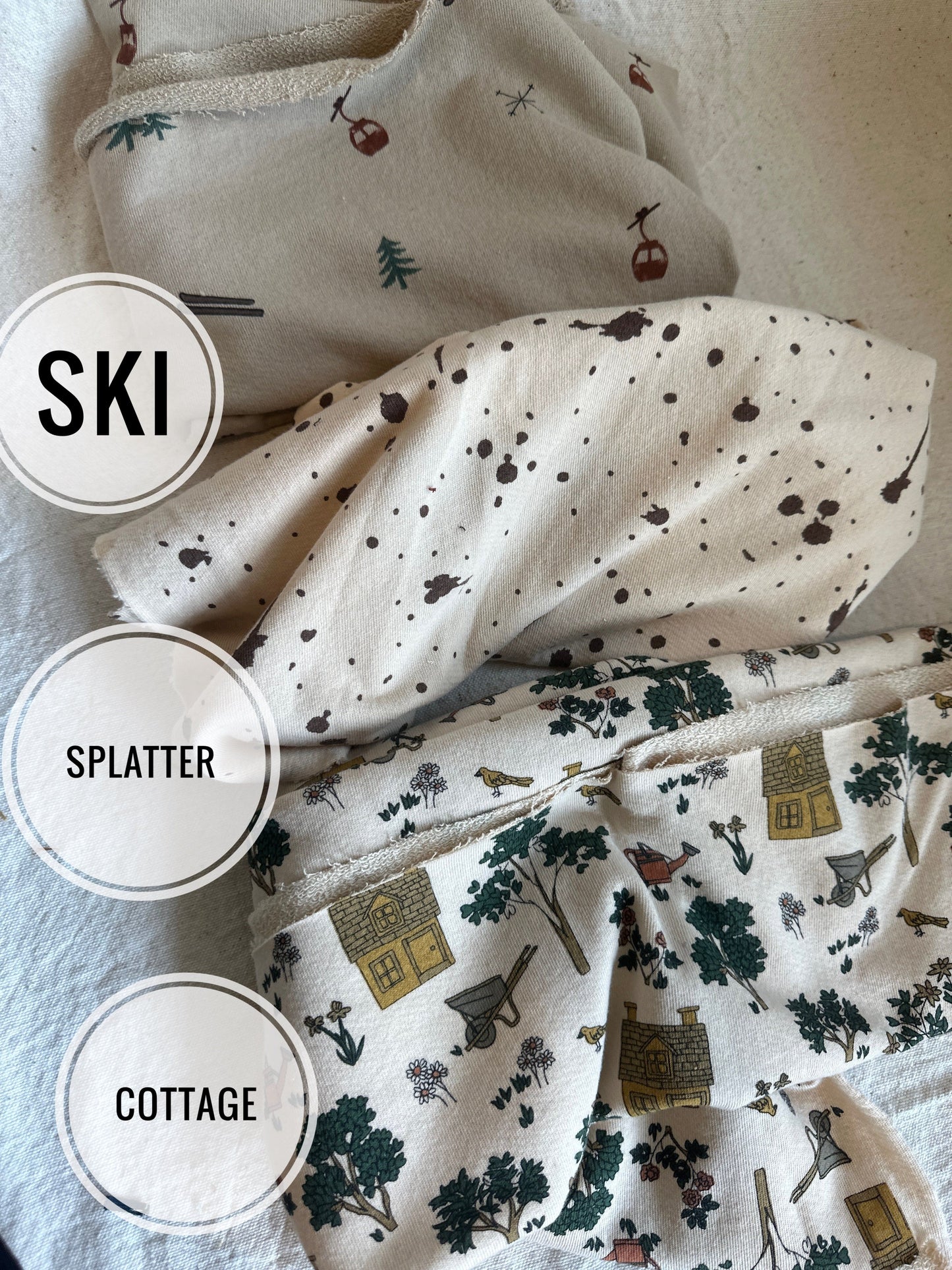 Ski, splatter, and cottage fabric patterns