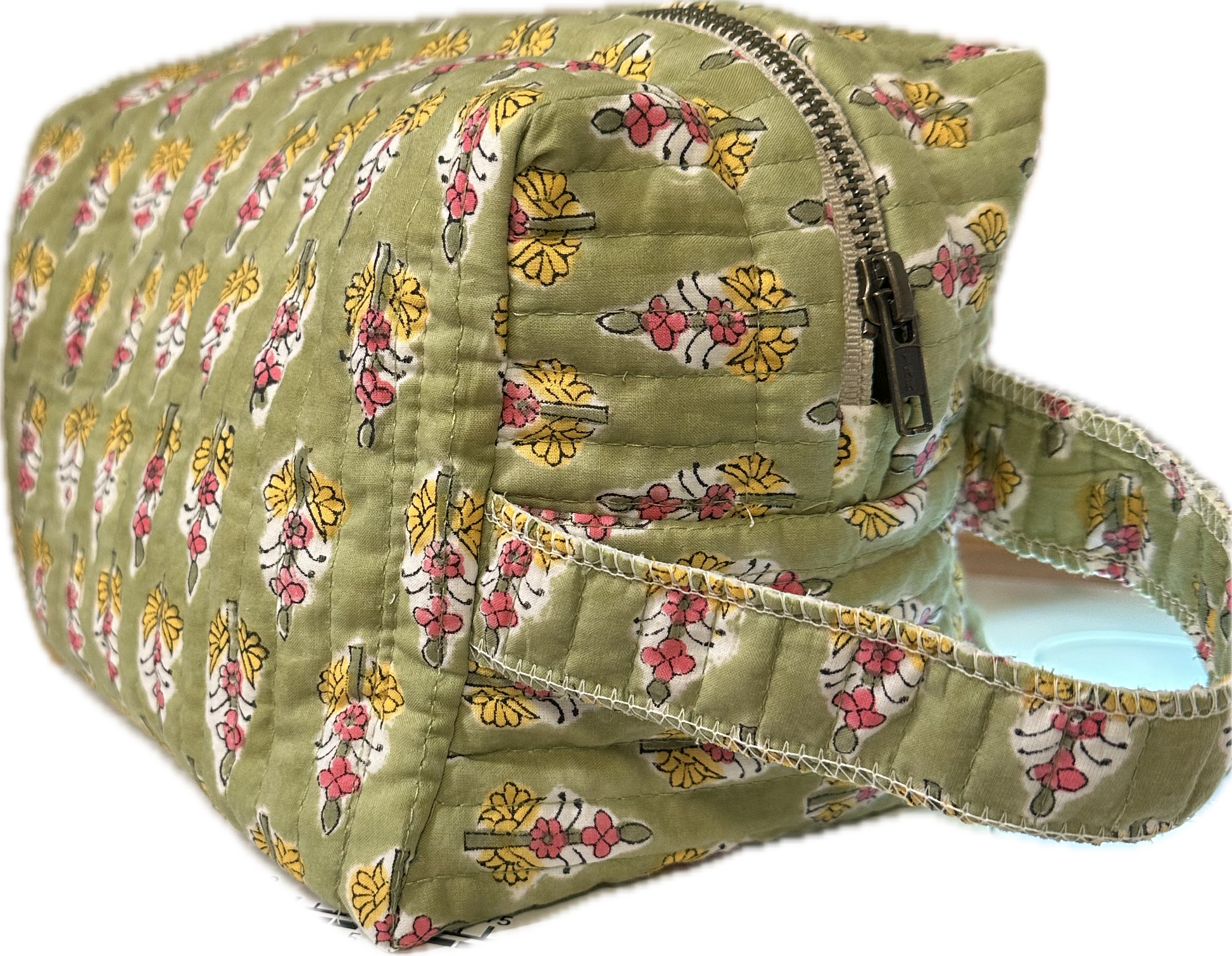 Green floral patterned zippered bag with handle.