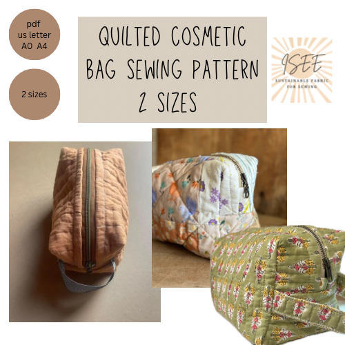 Quilted cosmetic bag sewing pattern with two finished bags.
