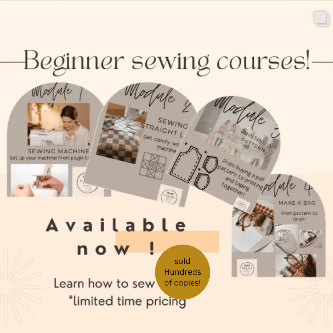 Sewing course advertisement with course modules.