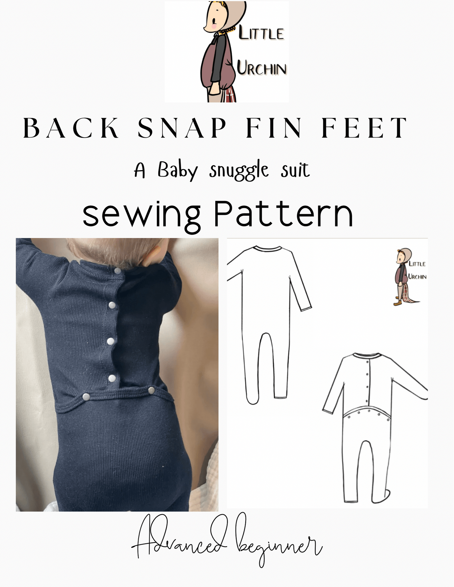 Baby snuggle suit sewing pattern with images.
