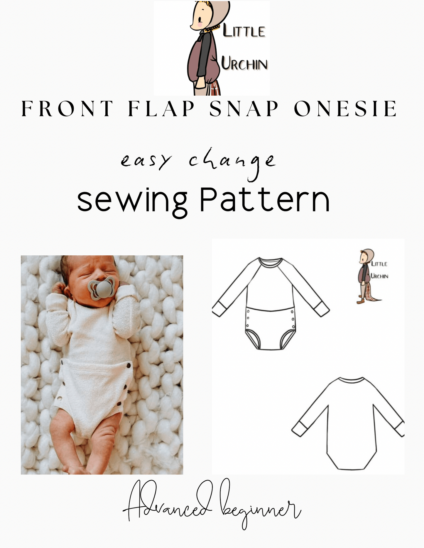 Baby onesie pattern with photo and illustrations.