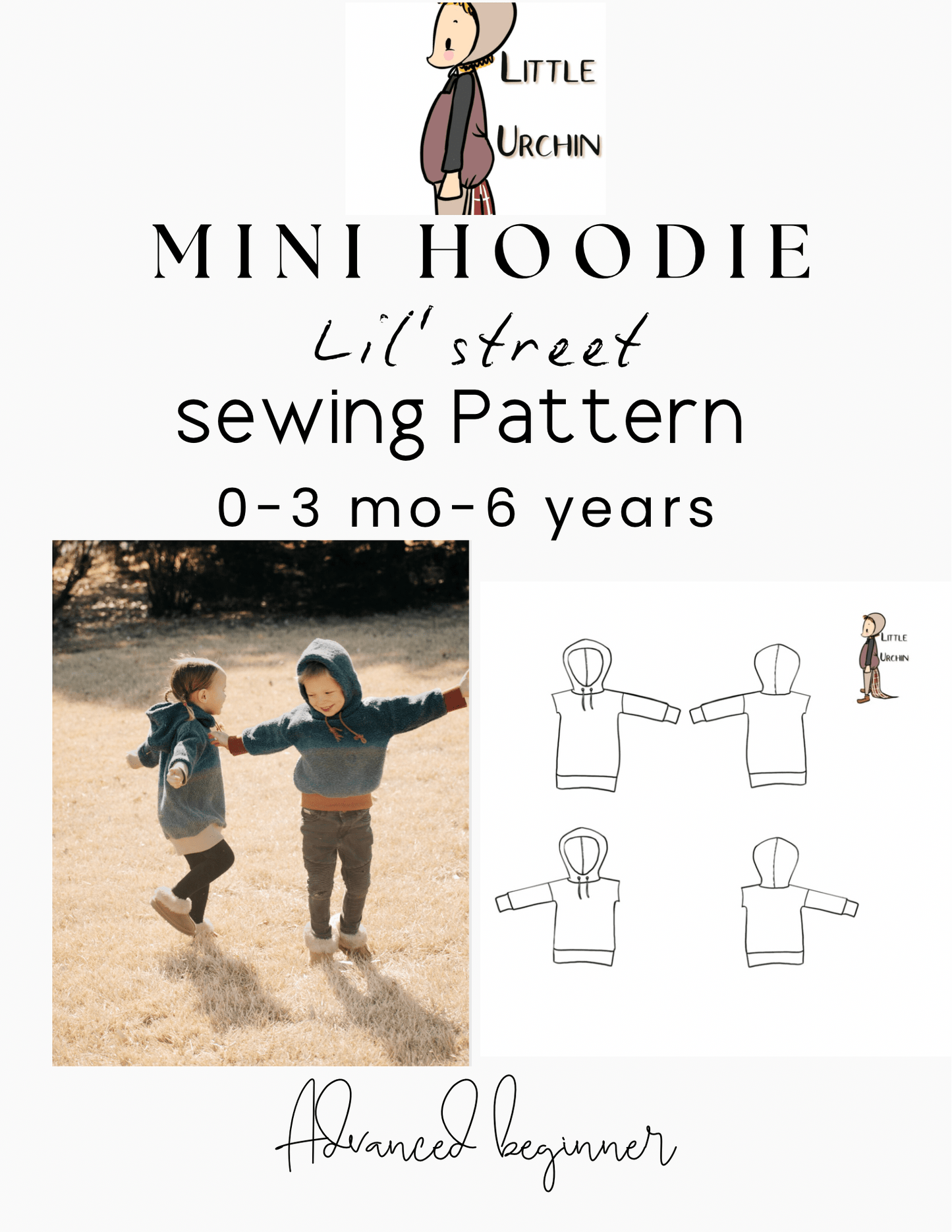 Sewing pattern for a mini hoodie, with children's photo and diagrams.