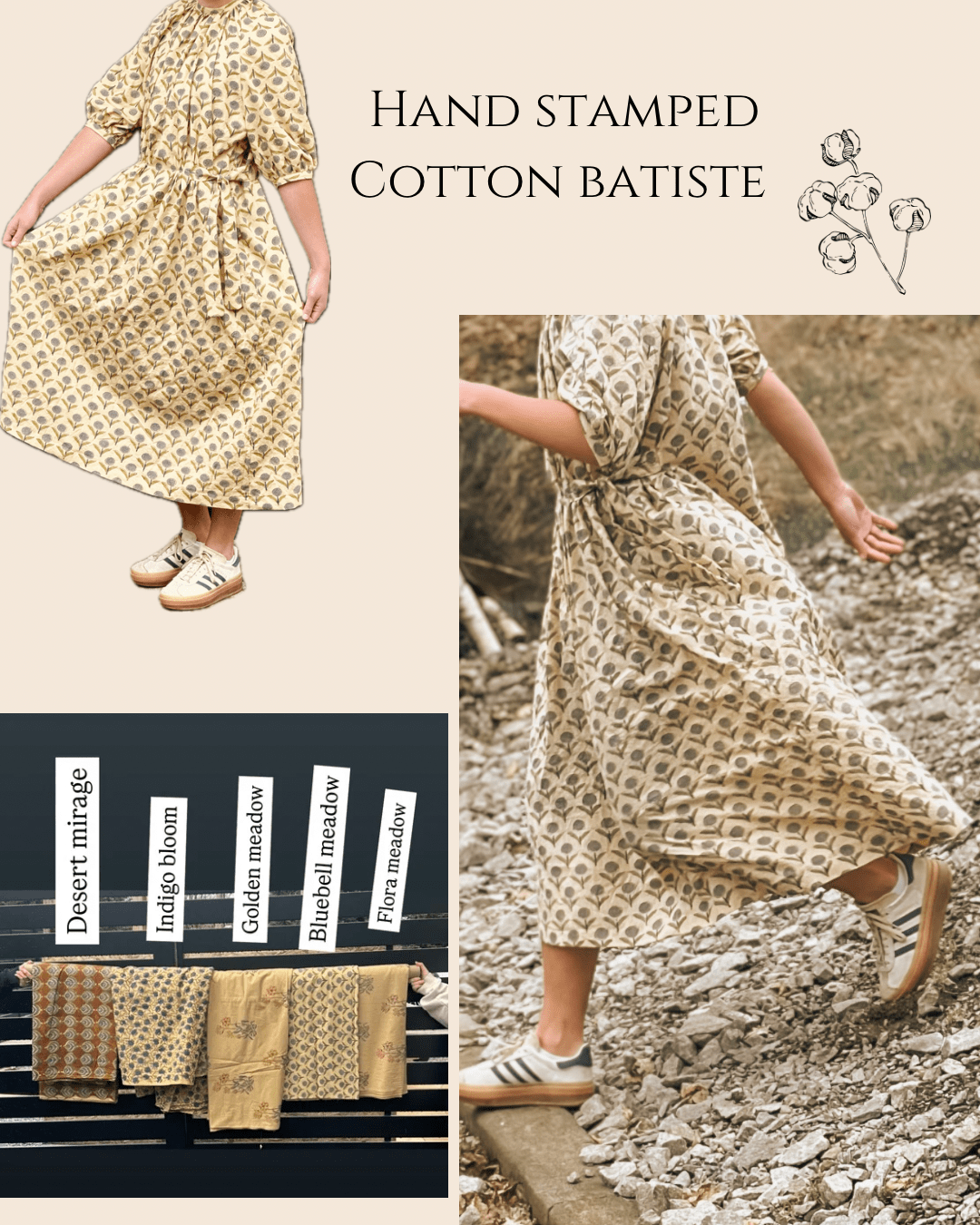 Woman wearing floral dress and sneakers.