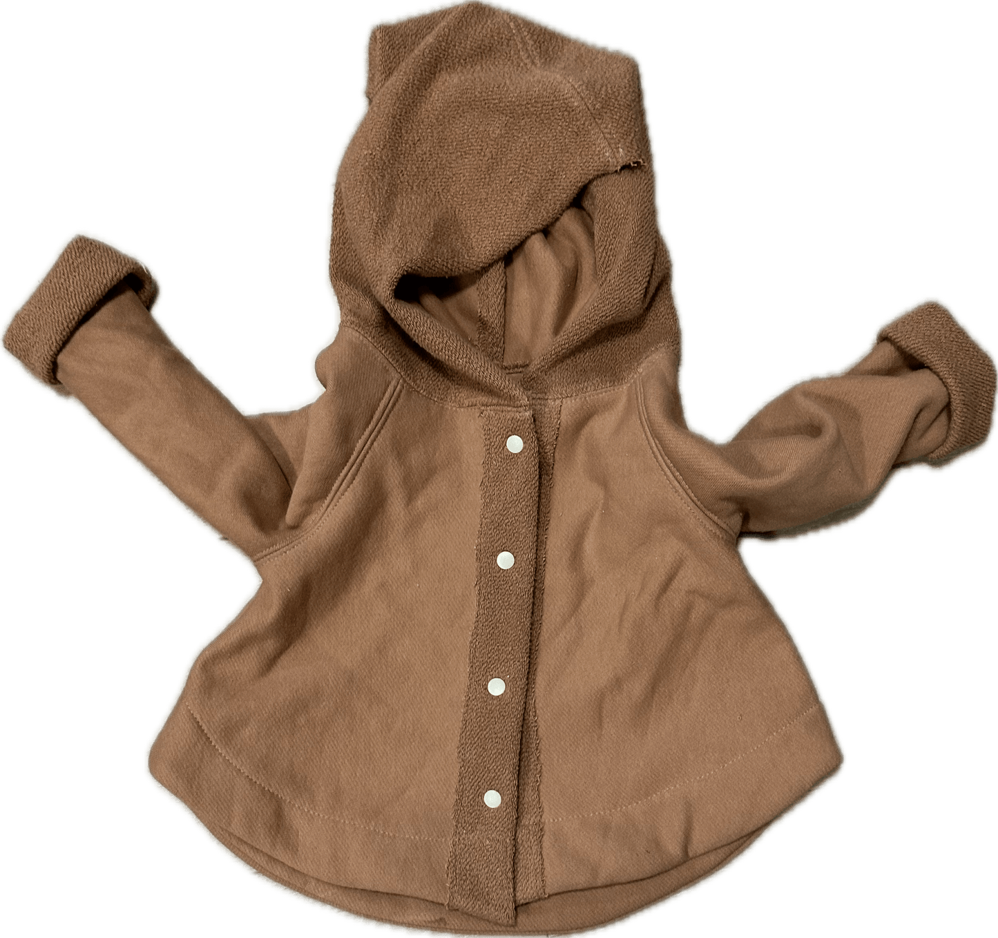 Brown hooded baby jacket with buttons.