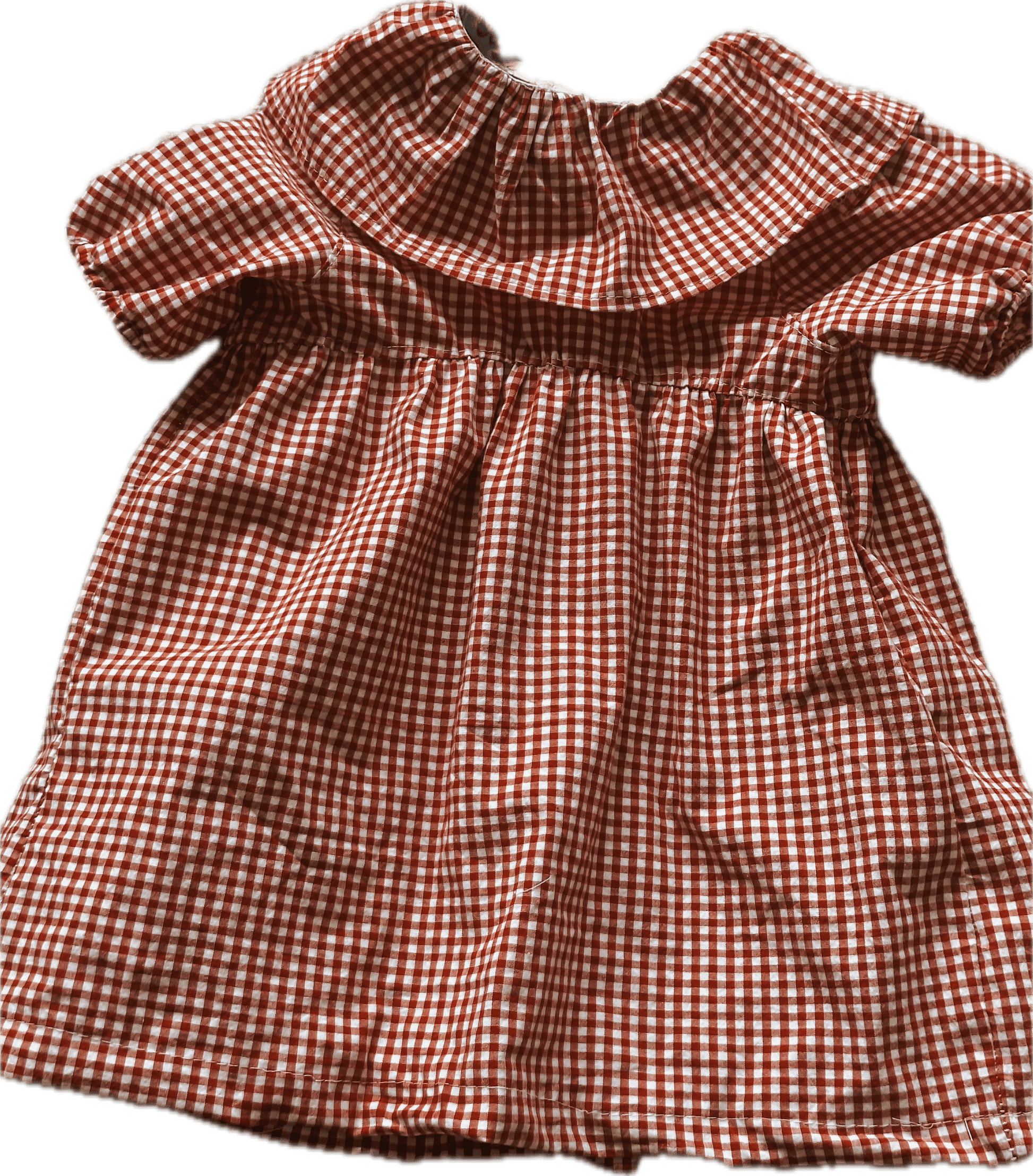 Red and white gingham dress with ruffled collar.