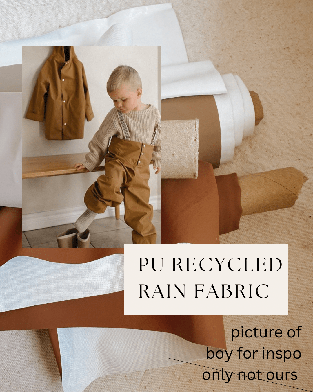 Boy in brown overalls with fabric samples.