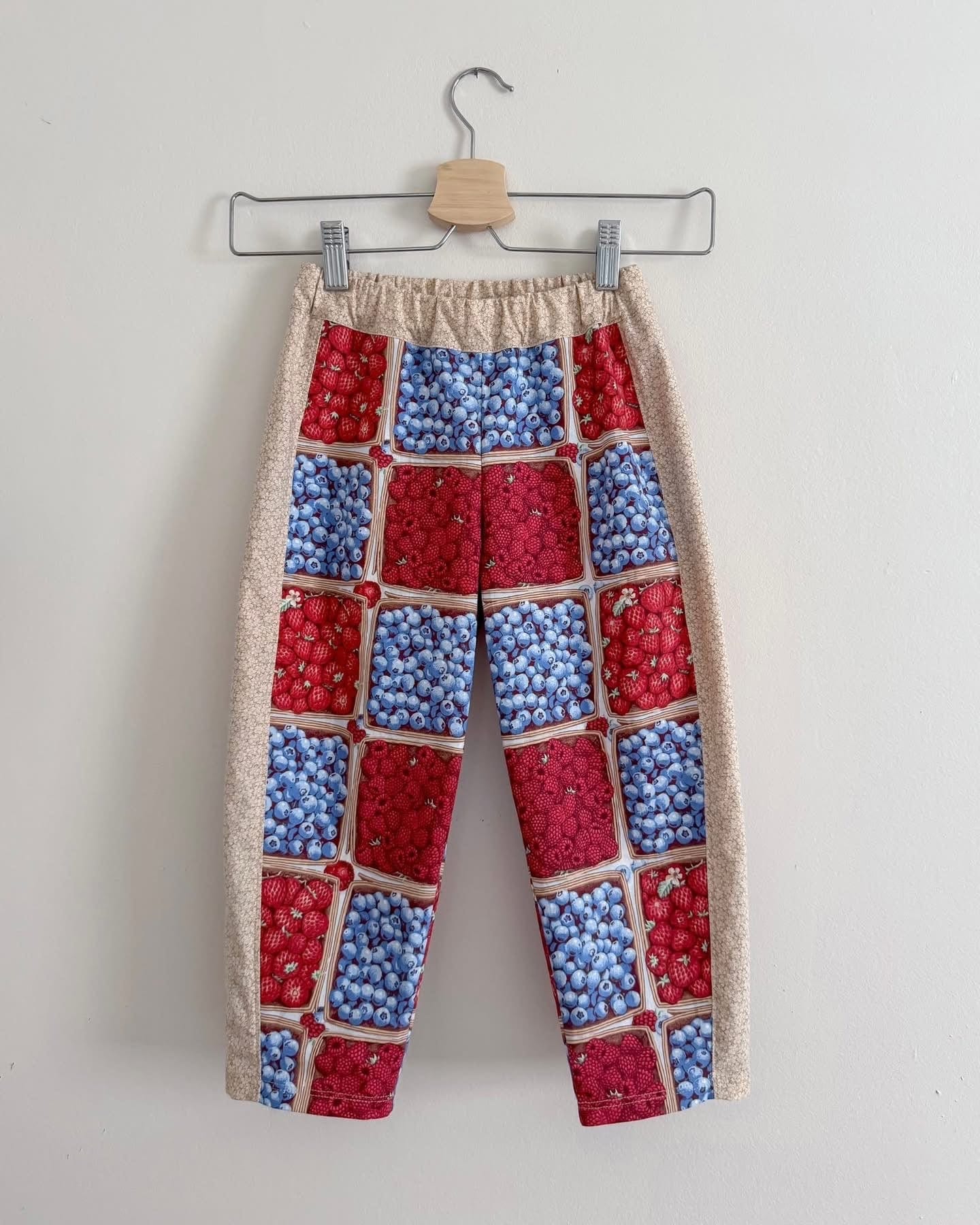 Pants with red and blue berry pattern hanging on a hanger.