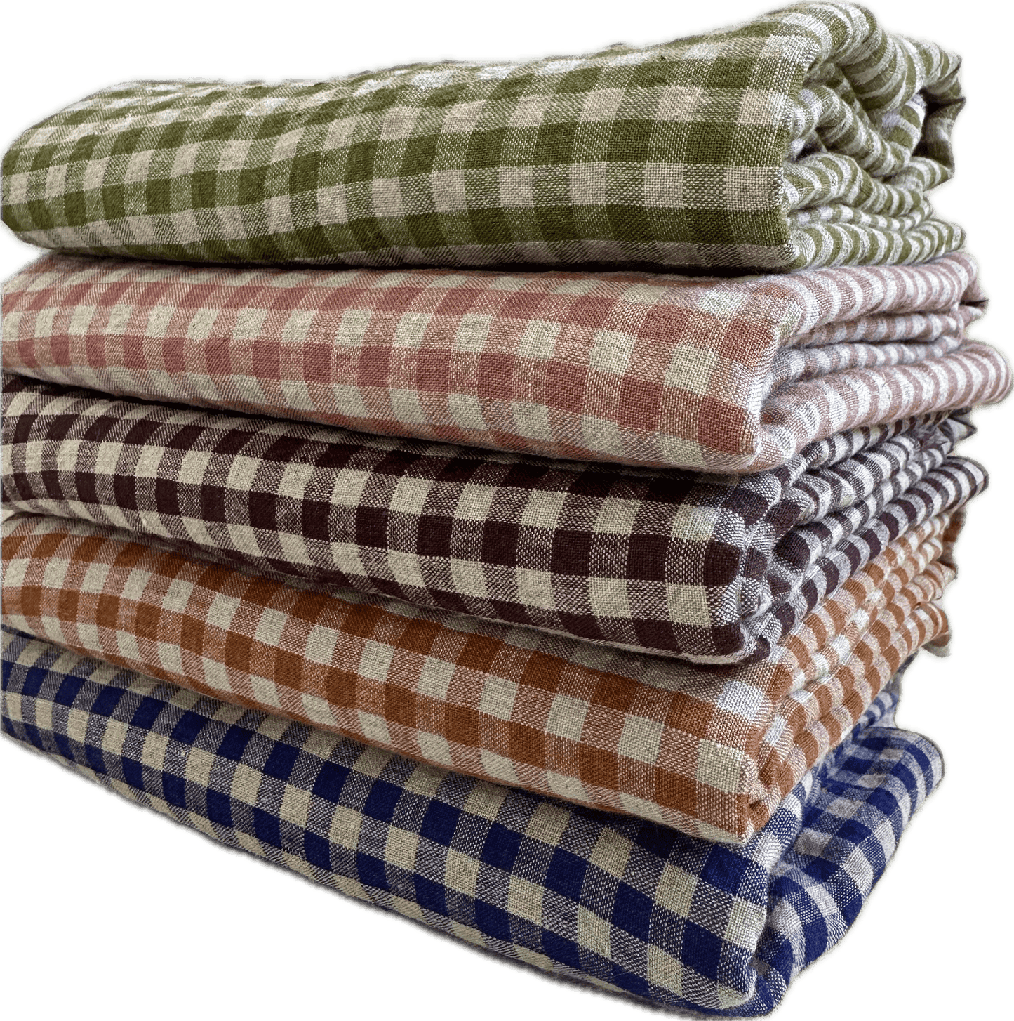 Stack of checkered fabric in various colors.