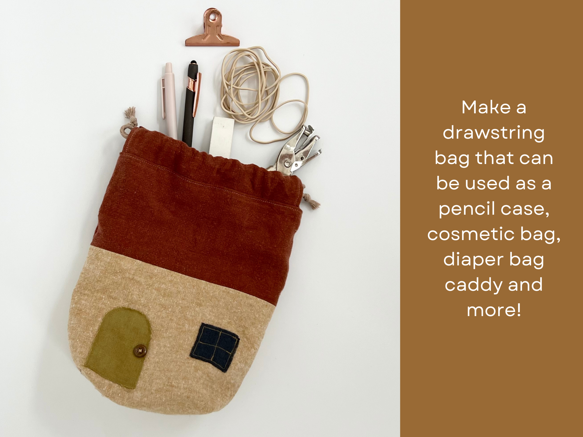 House-shaped drawstring bag for pencil case, cosmetic, and more.