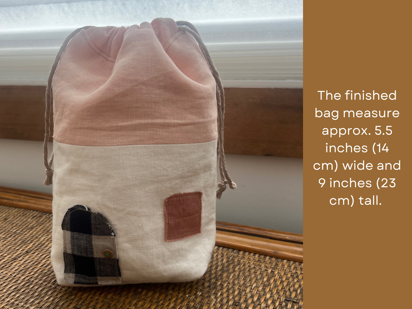 House-shaped drawstring bag listing photo, approx. 5.5x9