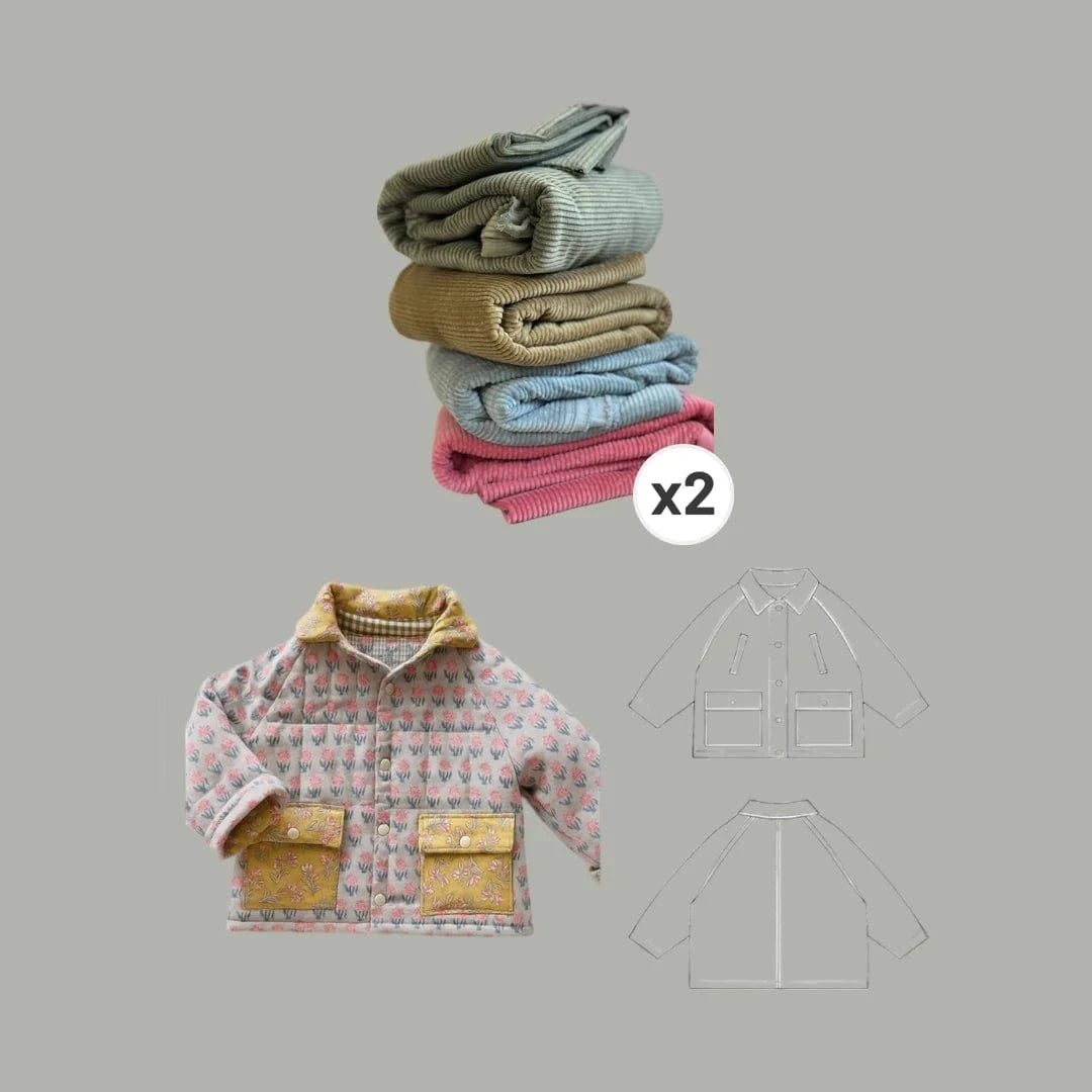 Children's jacket set with fabric and pattern previews.
