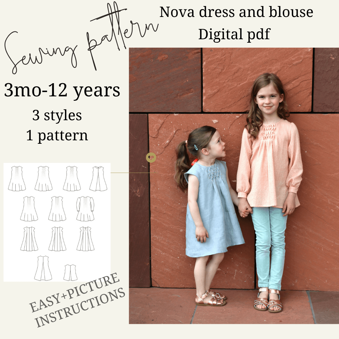 Beige aesthetic Nova dress & blouse sewing pattern for girls