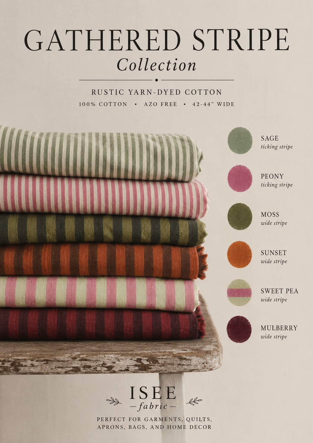 Promotional graphic for the ISEE Fabric Gathered Stripe Collection, showing a stack of striped cotton fabrics in various colorways on a rustic wooden surface against a warm beige background. Text on the image lists the collection names: Sage, Peony, Moss, Sunset, Sweet Pea, and Mulberry.