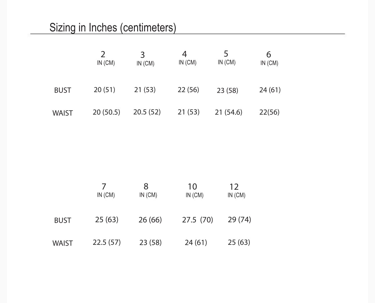 Clothing size chart in inches and centimeters