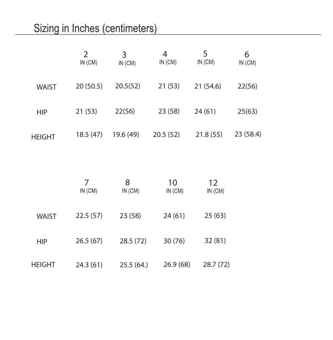 Size chart in inches and centimeters