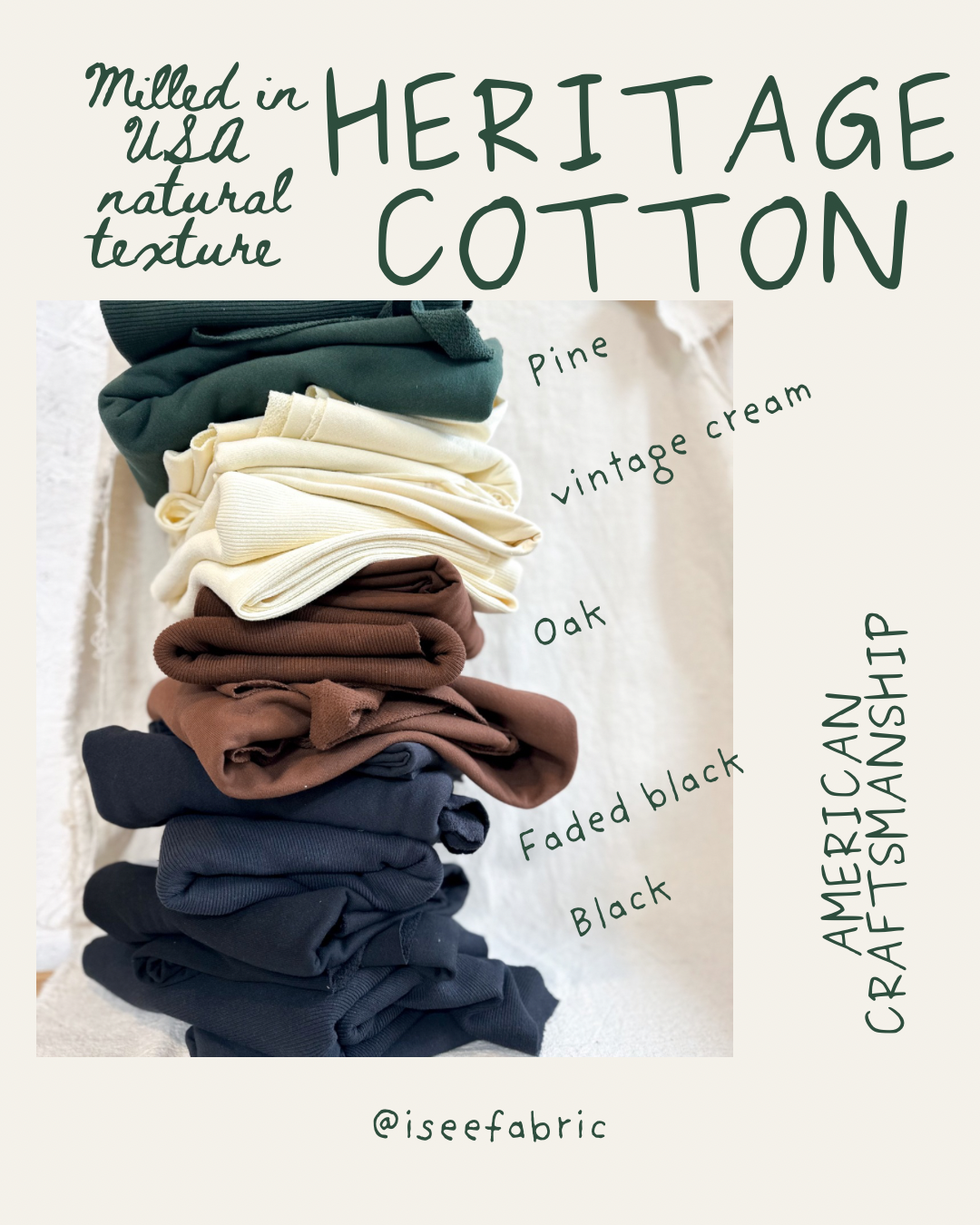 Stack of heavy, premium cotton knits in colors Pine, Oak, Faded Black, Black, and Vintage Cream. Includes 24 oz French Terry, 19 oz Rib, and 9 oz Jersey fabrics milled in the USA. Each layer showcases the rich texture and weight of these sustainable cotton textiles, perfect for handmade loungewear, sweatshirts, and timeless apparel projects.