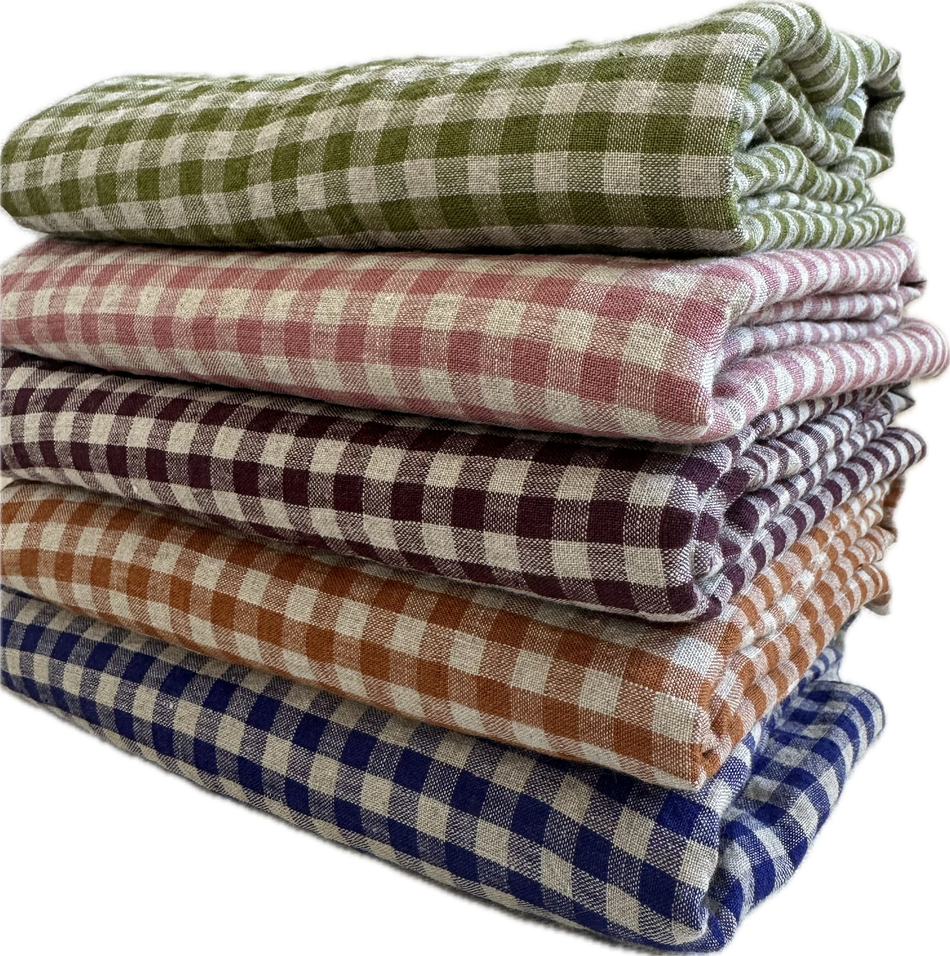 Stack of checkered fabric in various colors.
