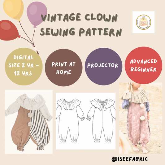 Vintage Clown Sewing Pattern – Digital PDF & Projector File – Sizes 2Y–12Y – Advanced Beginner Costume Sewing Pattern