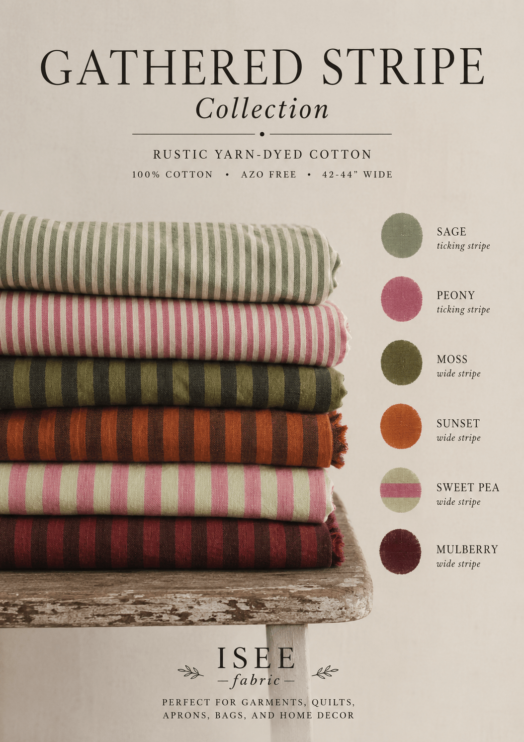 Gathered Stripe Collection | Rustic Yarn-Dyed Cotton | 100% Cotton Woven Fabric - Isee fabric
