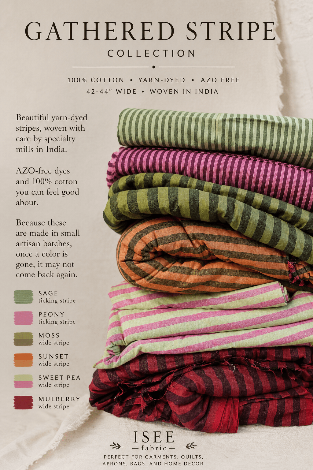 Gathered Stripe Collection | Rustic Yarn-Dyed Cotton | 100% Cotton Woven Fabric - Isee fabric