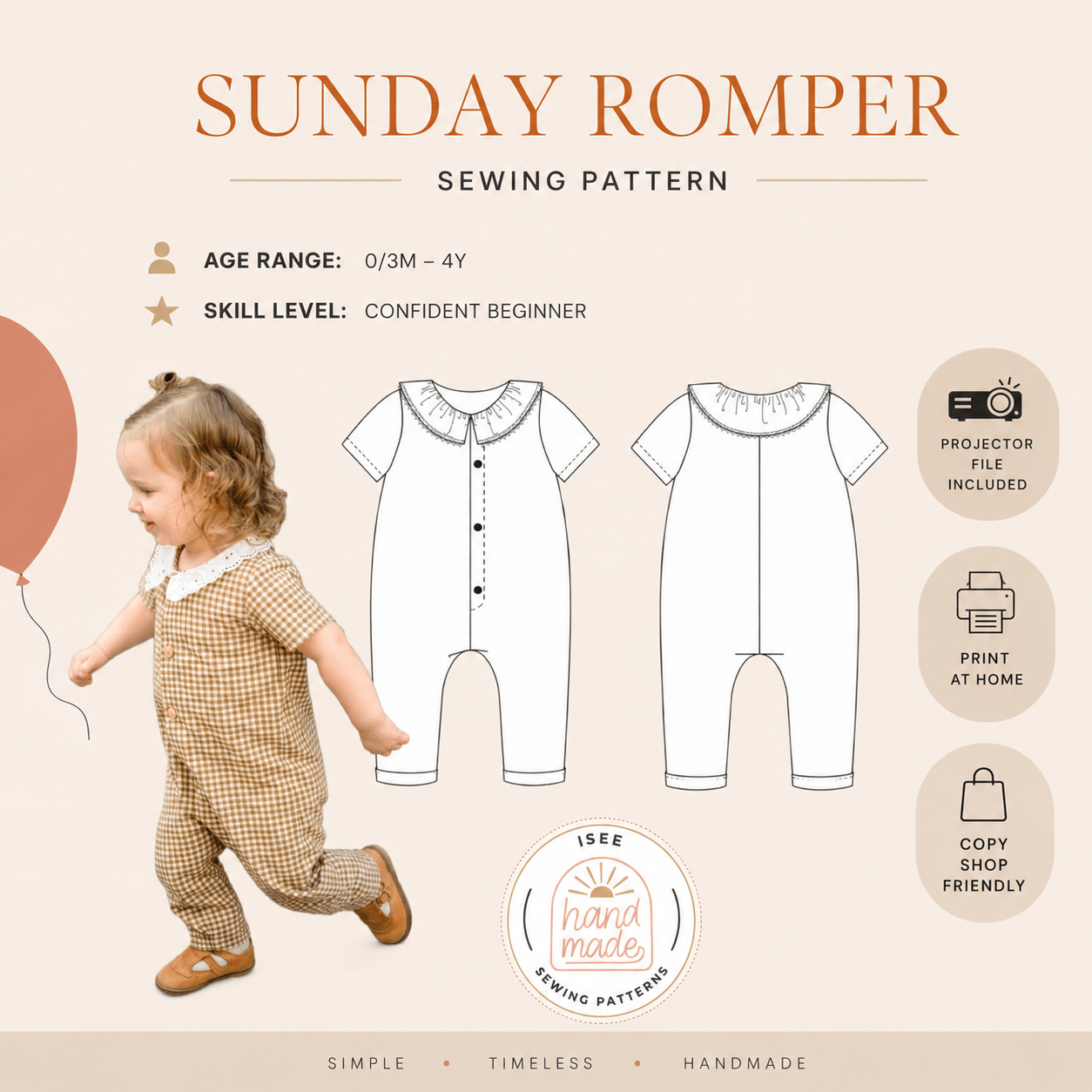 Sunday Romper Sewing pattern 0-3 mo to 4 yrs - Isee fabric