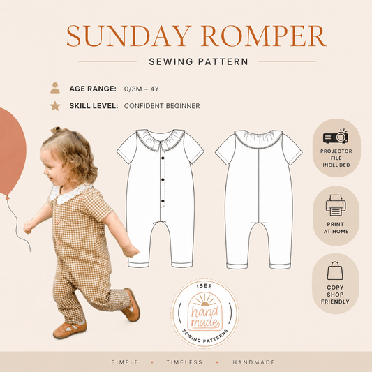 Sunday Romper Sewing pattern 0-3 mo to 4 yrs - Isee fabric
